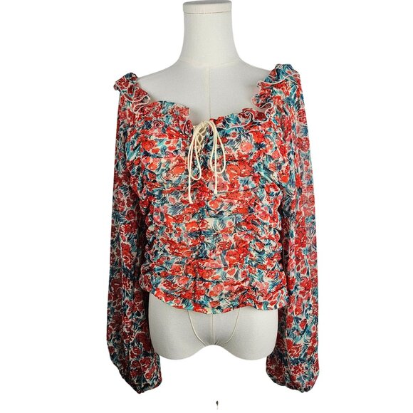 NEW! Free People Mabel Printed Blouse Sz Large Roses Combo Lace-Up Front Boho - Picture 3 of 12